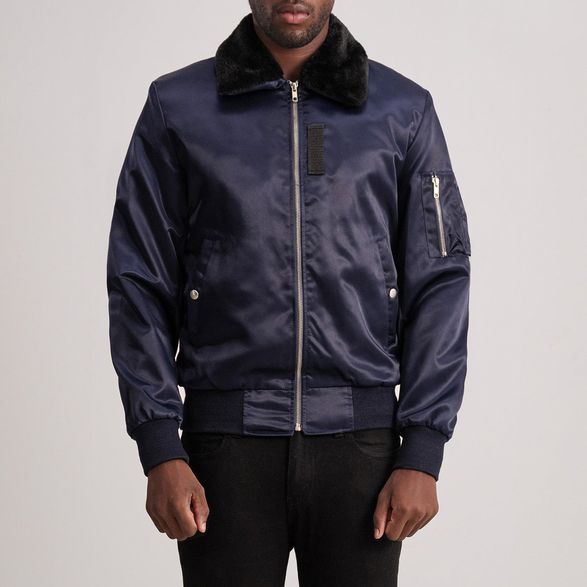 Clyde B-15 Blue Bomber Jacket in Blue Satin - Front Profile View &amp; Tailored Silhouette | Buy Online