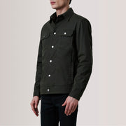 Colberto Olive Waxed Canvas Trucker Jacket For Men - Lateral Side Profile View Showing Sleeve Cut &amp; Athletic Taper Fit