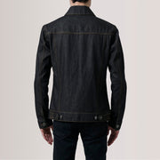 
Detailní pohled of Classic Collar & Heavy-Duty Zipper Hardware on Conard Faded Černá Denim Trucker Kožená bunda pro Pány For Men