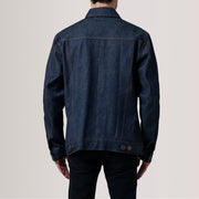 Close-Up Detail of Classic Collar &amp; Heavy-Duty Zipper Hardware on Conard Ash Grey Denim Trucker Jacket For Men