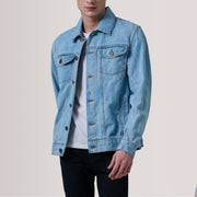 
Conard Light Modrá Denim Trucker Kožená bunda pro Pány For Men in Light Blue Full-Grain Leather - Přední pohled a přiléhavá silueta | Koupit online