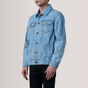 
Conard Light Modrá Denim Trucker Kožená bunda pro Pány For Men - Boční pohled ukazující ergonomický střih rukávů