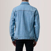 
Detailní pohled of Classic Collar & Heavy-Duty Zipper Hardware on Conard Light Modrá Denim Trucker Kožená bunda pro Pány For Men