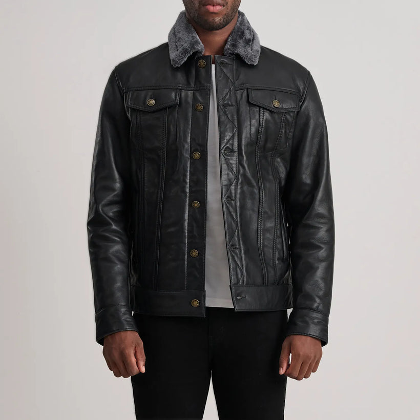 Dallis Černá Leather Shearling Trucker Kožená bunda pro Pány