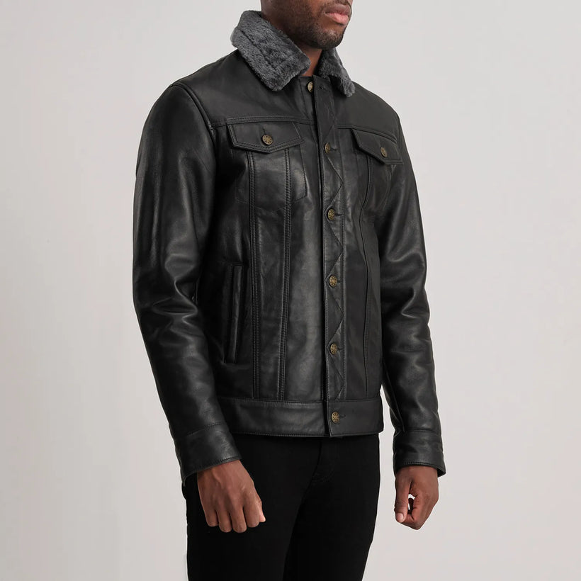 Dallis Černá Leather Shearling Trucker Kožená bunda pro Pány