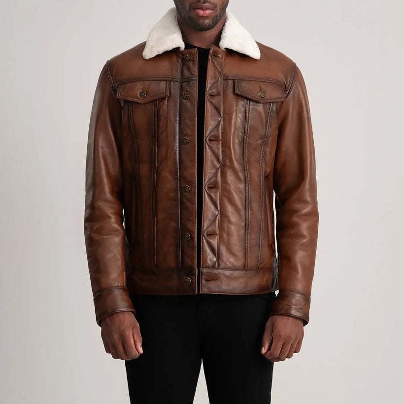Dallis Hnědá Leather Shearling Trucker Kožená bunda pro Pány