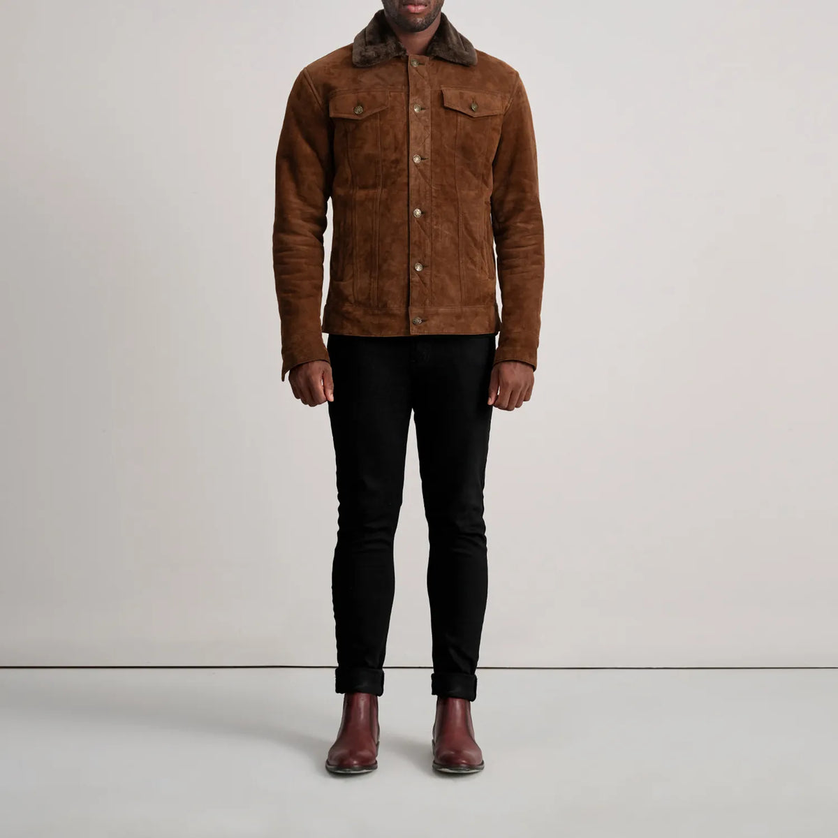 Dallis Brown Suede Shearling Trucker Jacket - Lateral Side Profile View Showing Sleeve Cut &amp; Athletic Taper Fit