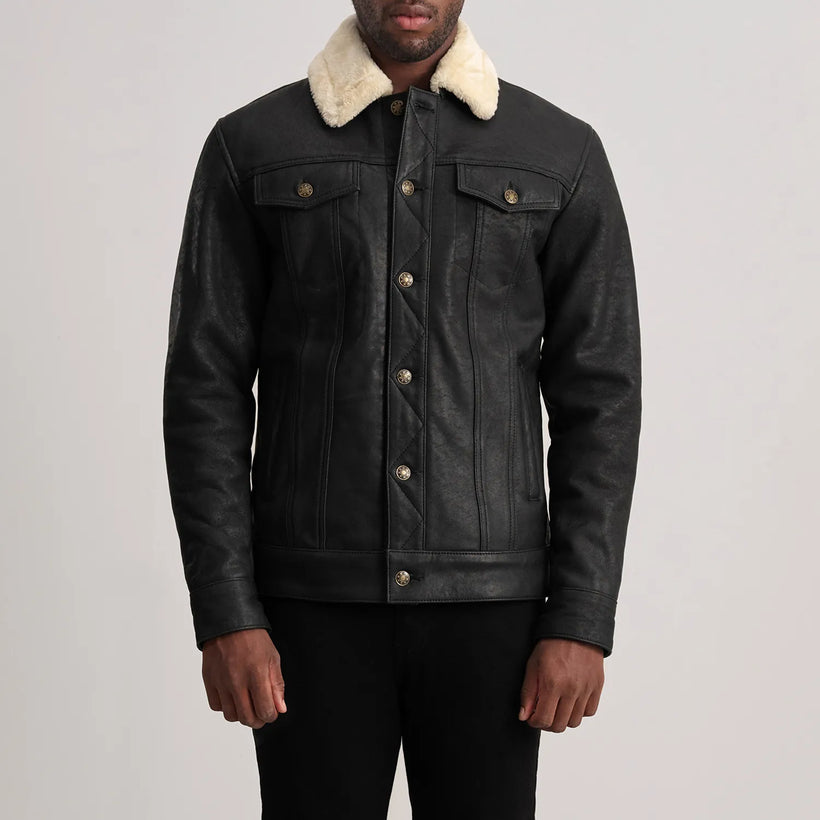 Dallis Distressed Černá Leather Shearling Trucker Kožená bunda pro Pány