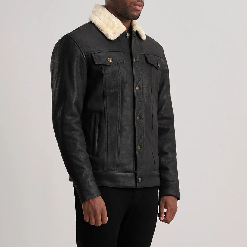 Dallis Distressed Černá Leather Shearling Trucker Kožená bunda pro Pány