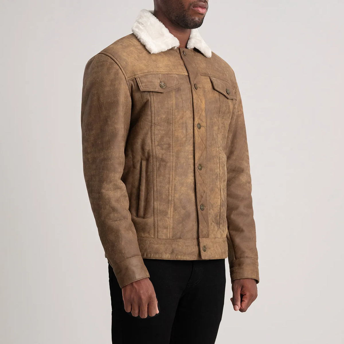 
Distressed Brown Sheepskin Snuffed Aviator Jacket - Zadní pohled s definovanými rameny a čistým lemem
