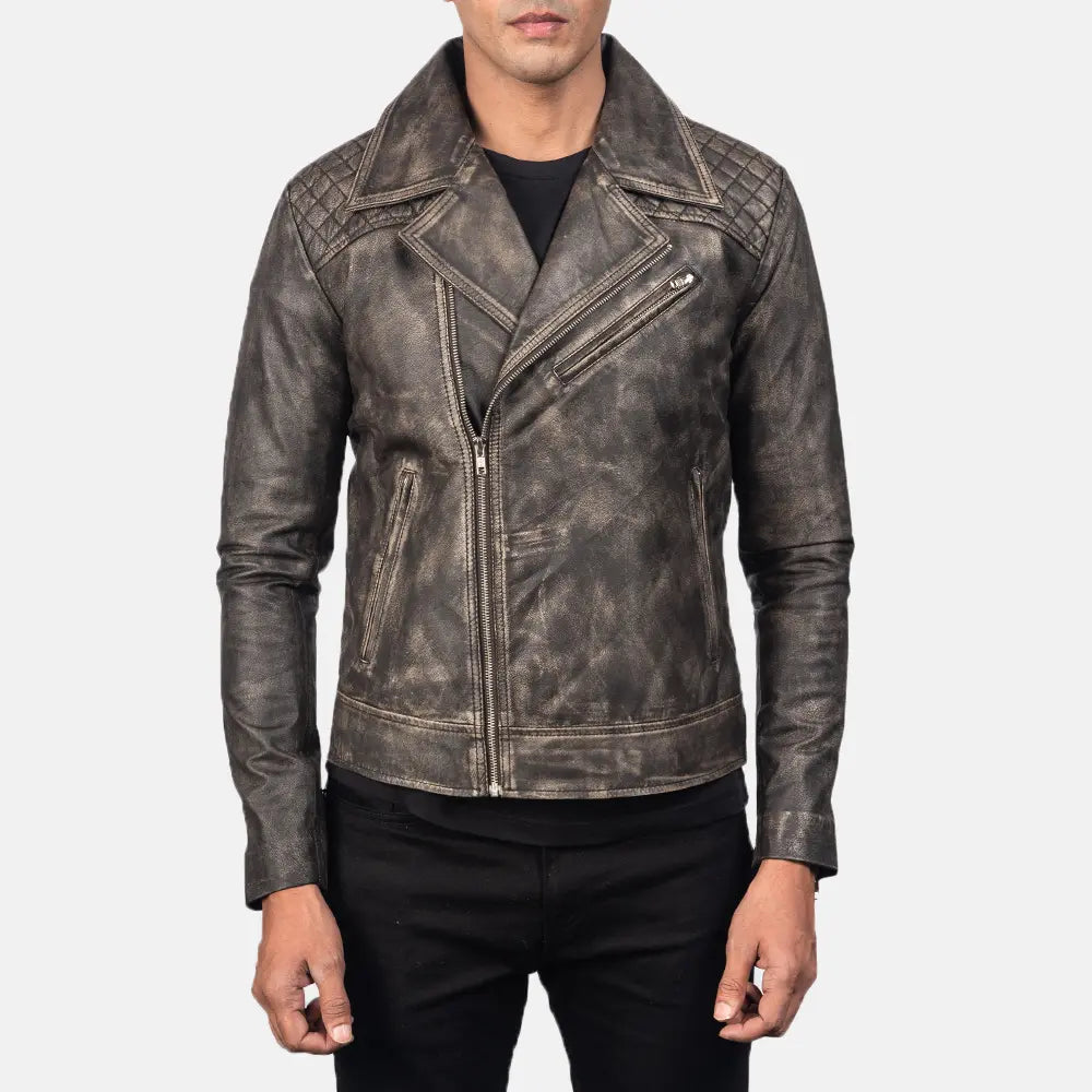 
Zipper & Hem Craftsmanship Construction Detail on Danny Quilted Brown Leather Biker Jacket