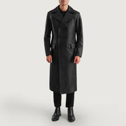 
Delmar Black Leather Double Breasted Coat - Boční pohled ukazující ergonomický střih rukávů
