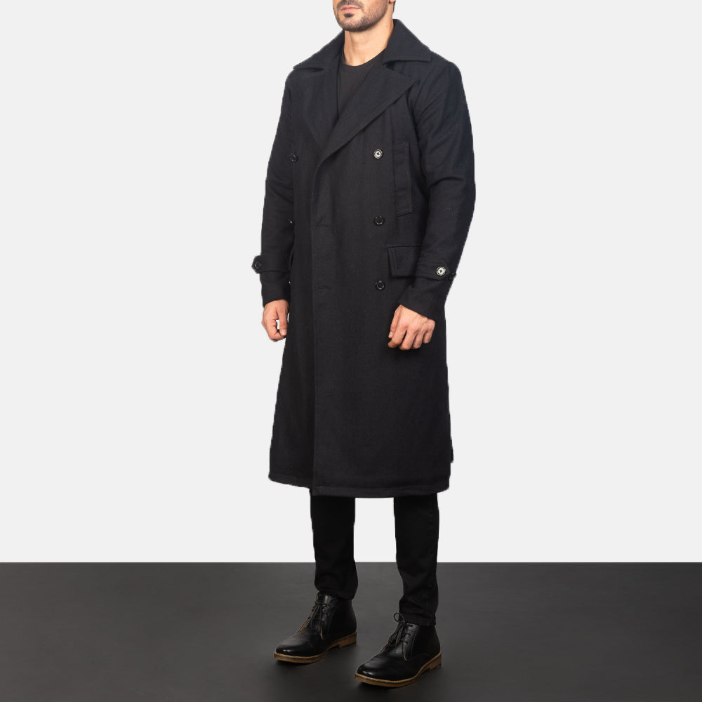 
Black Synthetic Wool Trench Coat - Zadní pohled s definovanými rameny a čistým lemem