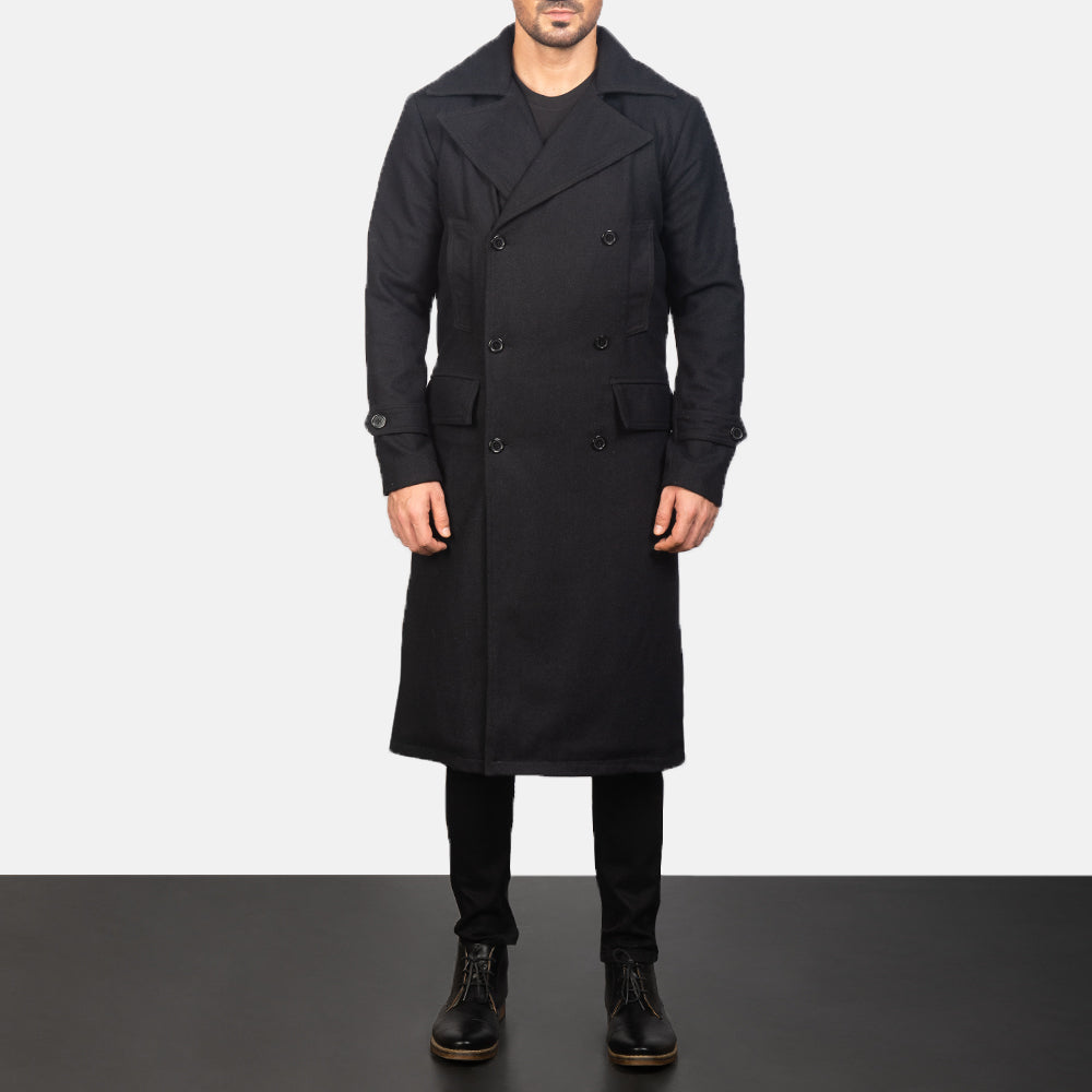 
Detailní pohled of Notch & Button Hardware on Detective Černá Wool Kožený kabát pro Pány
