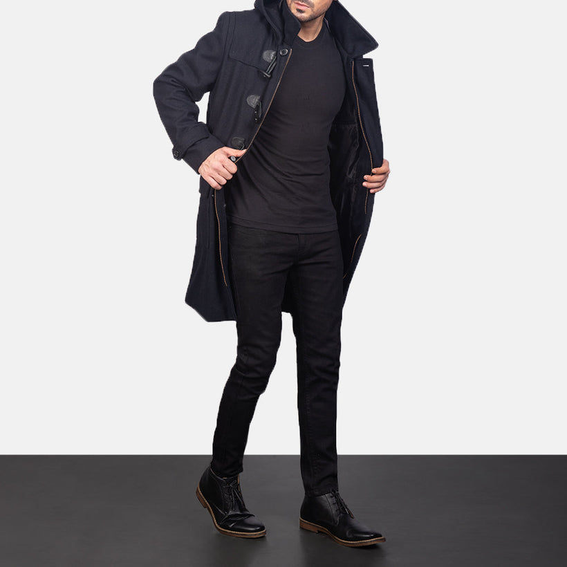Drake Černá Wool Hooded Duffle Coat pánská