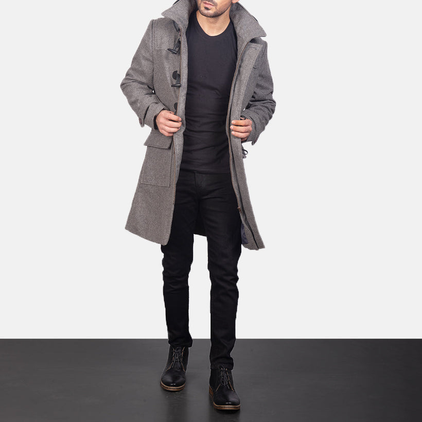 Drake Grey Wool Hooded Duffle Coat pánská