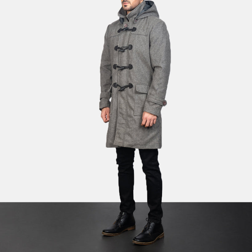 Drake Grey Wool Hooded Duffle Coat pánská