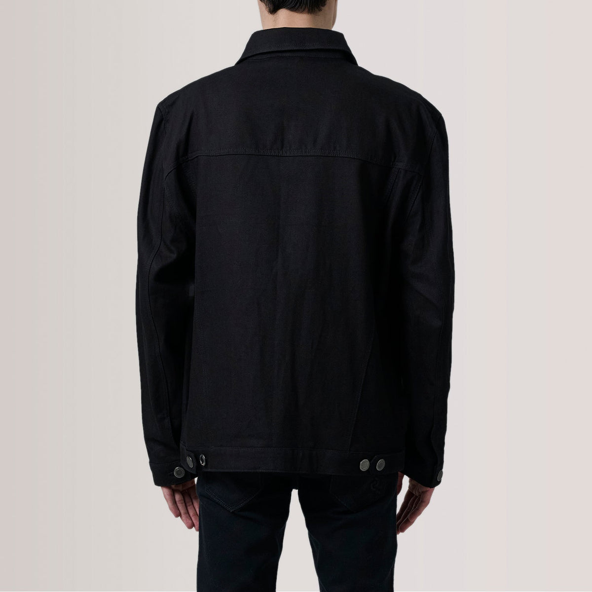 
Detailní pohled of Classic Collar & Heavy-Duty Zipper Hardware on Eddie Černá Oversized Denim Trucker Kožená bunda pro Pány For Men