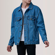 
Eddie Dark Modrá Oversized Denim Trucker Kožená bunda pro Pány For Men in Dark Blue Full-Grain Leather - Přední pohled a přiléhavá silueta | Koupit online