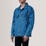 
Eddie Dark Modrá Oversized Denim Trucker Kožená bunda pro Pány For Men - Boční pohled ukazující ergonomický střih rukávů