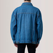 
Detailní pohled of Classic Collar & Heavy-Duty Zipper Hardware on Eddie Dark Modrá Oversized Denim Trucker Kožená bunda pro Pány For Men
