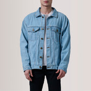 
Eddie Light Modrá Oversized Denim Trucker Kožená bunda pro Pány For Men in Light Blue Full-Grain Leather - Přední pohled a přiléhavá silueta | Koupit online