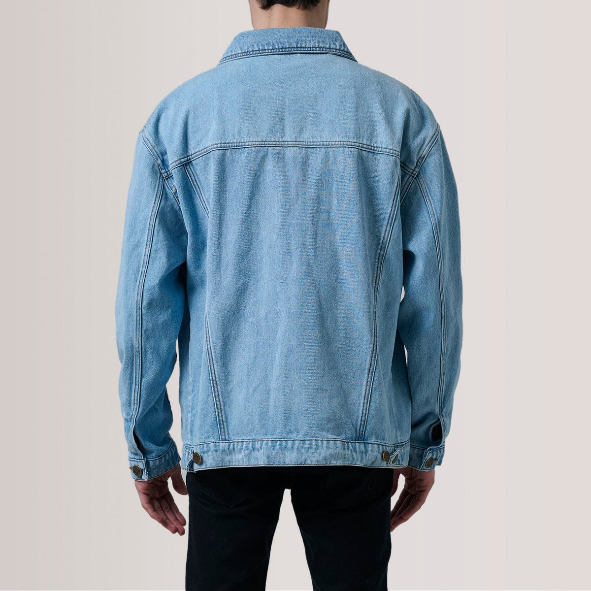 
Detailní pohled of Classic Collar & Heavy-Duty Zipper Hardware on Eddie Light Modrá Oversized Denim Trucker Kožená bunda pro Pány For Men