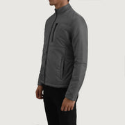 
Grey Full-Grain Leather Winter Jacket - Zadní pohled s definovanými rameny a čistým lemem