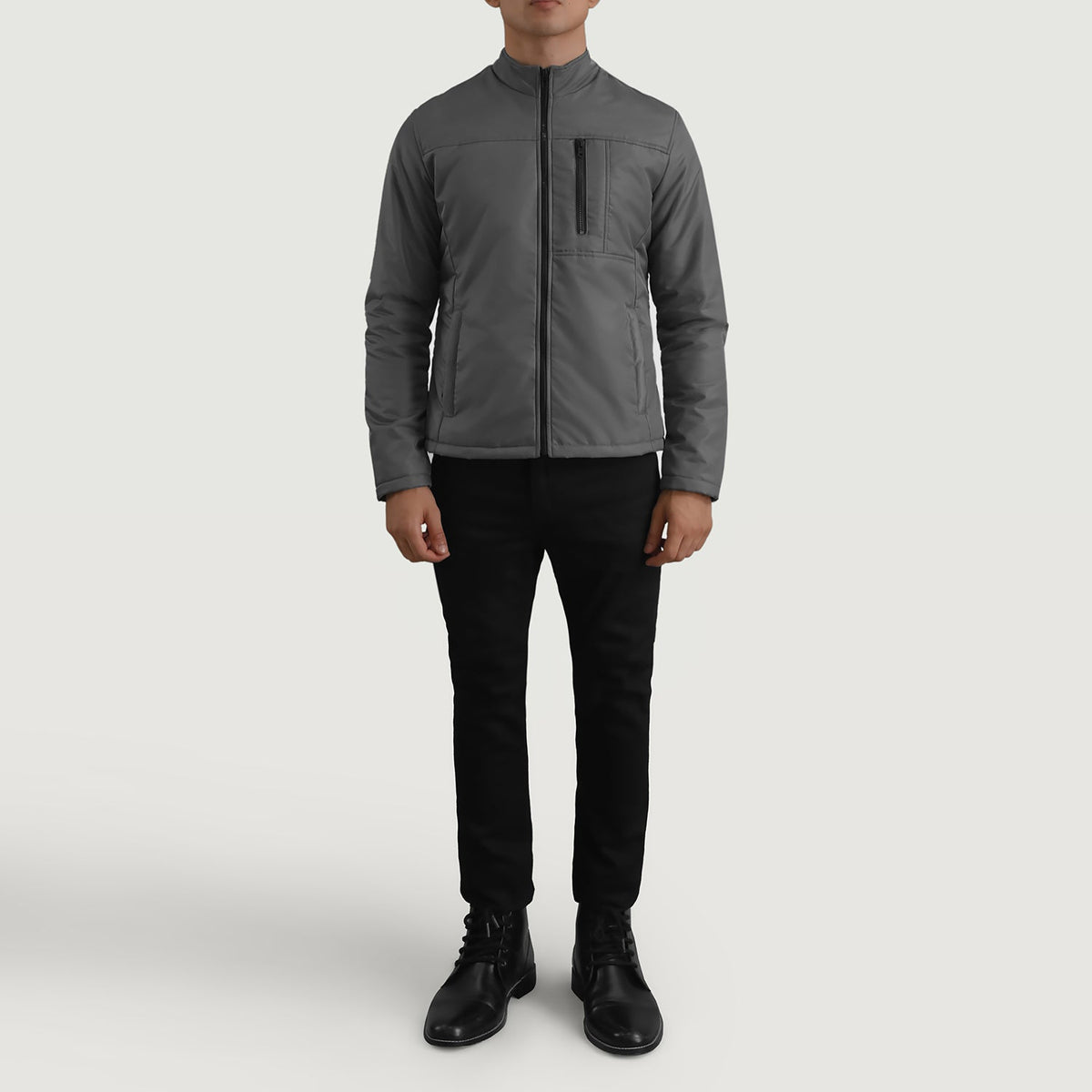 
Elliot Grey Lightweight Kožená bunda pro Pány - Boční pohled ukazující ergonomický střih rukávů