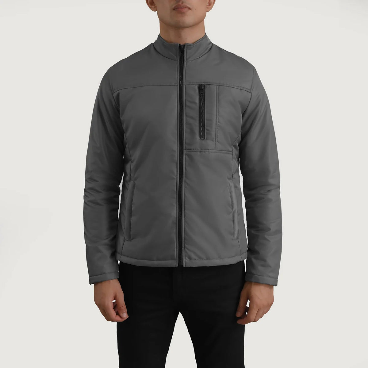 
Detailní pohled of Classic Collar & Zipper Hardware on Elliot Grey Lightweight Kožená bunda pro Pány