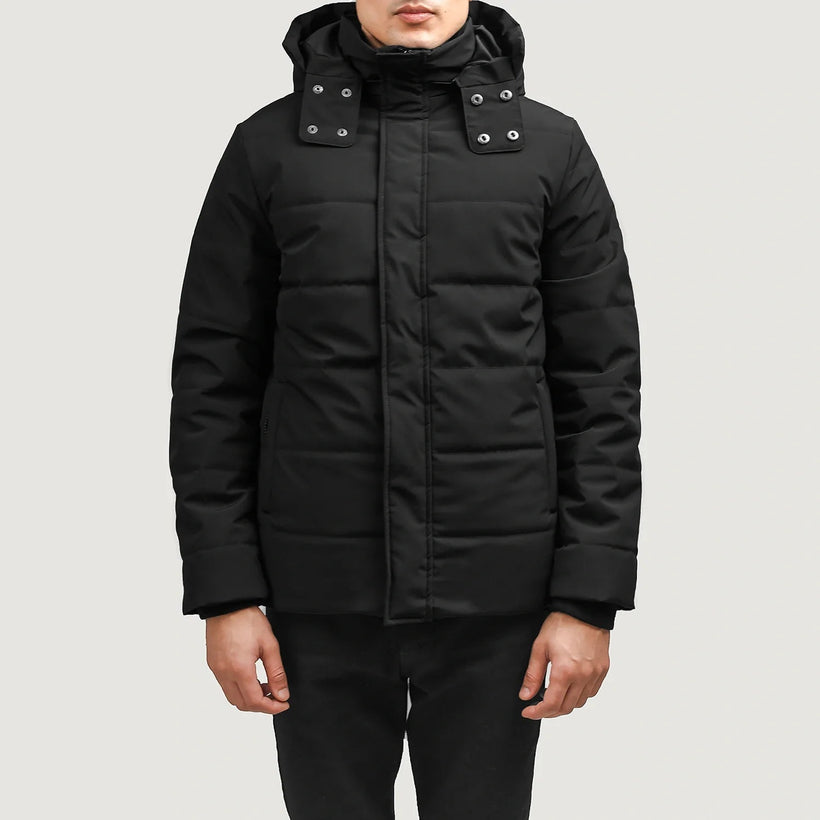 Exton Černá Hooded Down Puffer Kožená bunda pro Pány