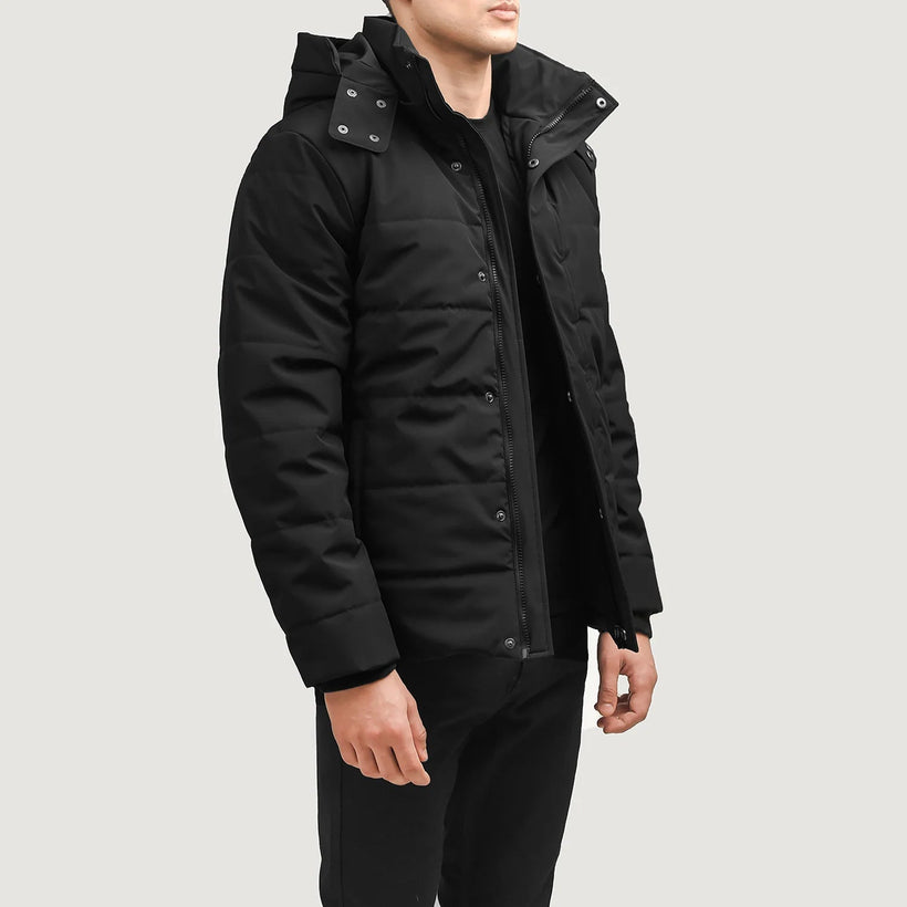 Exton Černá Hooded Down Puffer Kožená bunda pro Pány