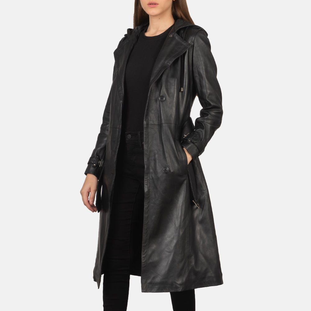 
Fixon Hooded Černá Kožený trenčkot pro Dámy in Black Sheepskin Leather - Přední pohled a přiléhavá silueta | Koupit online