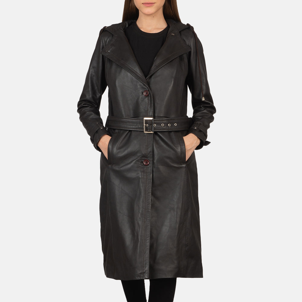 Fixon Hooded Brown Trench Coat in Brown Sheepskin Leather - Přední pohled a přiléhavá silueta | Koupit online