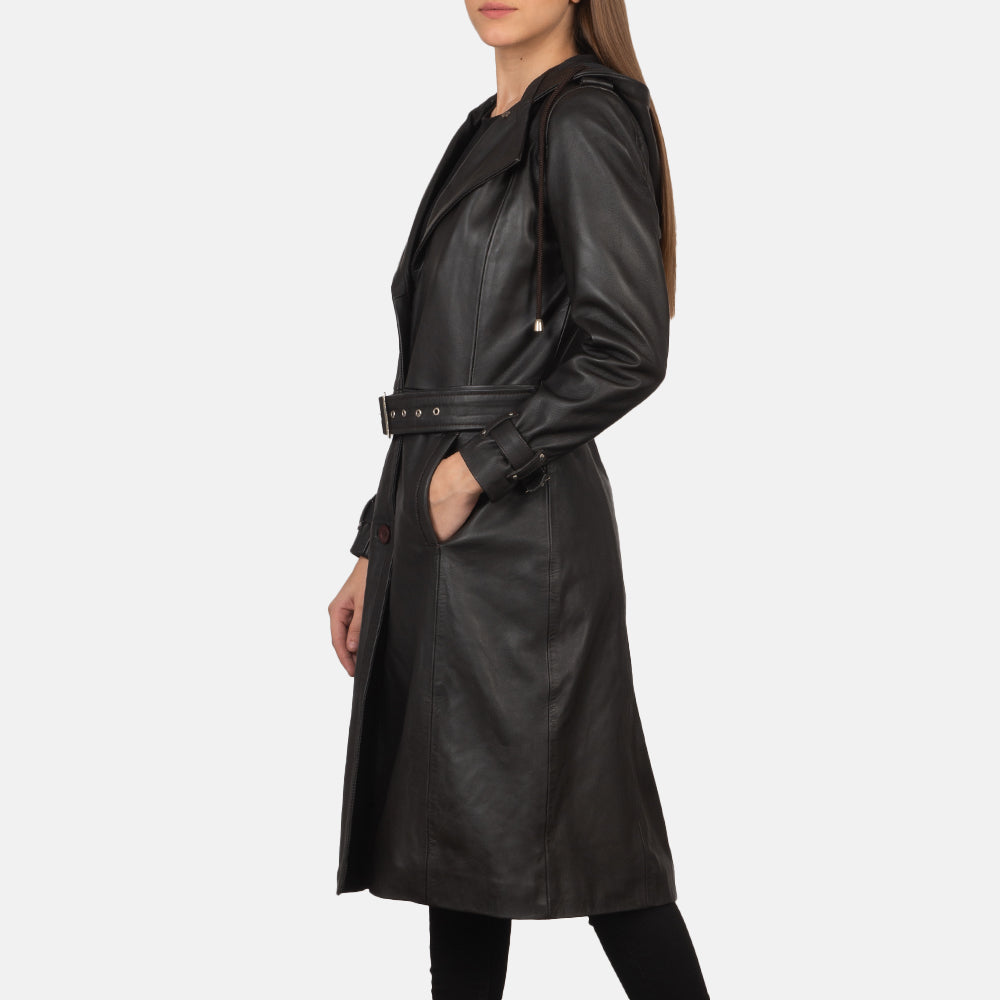 Brown Sheepskin Leather Trench Coat - Zadní pohled s definovanými rameny a čistým lemem