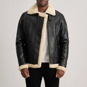 
Francis B-3 Black Leather Bomber Jacket in Black Sheepskin Leather - Přední pohled a přiléhavá silueta | Koupit online