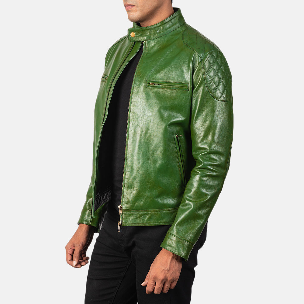 
Green Sheepskin Burnishing Biker Jacket - Zadní pohled s definovanými rameny a čistým lemem