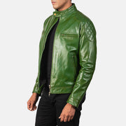 
Green Sheepskin Burnishing Biker Jacket - Zadní pohled s definovanými rameny a čistým lemem