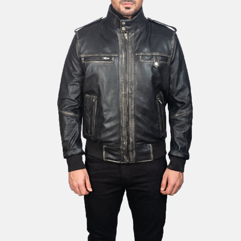Glen Street Černá Kožená bomber bunda pro Pány