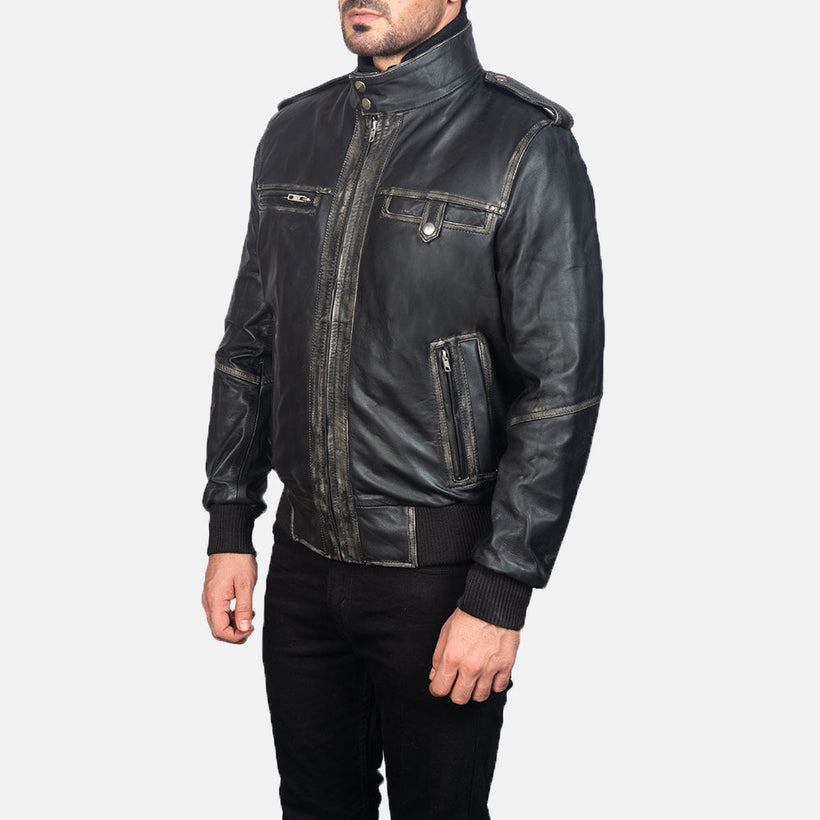 Glen Street Černá Kožená bomber bunda pro Pány