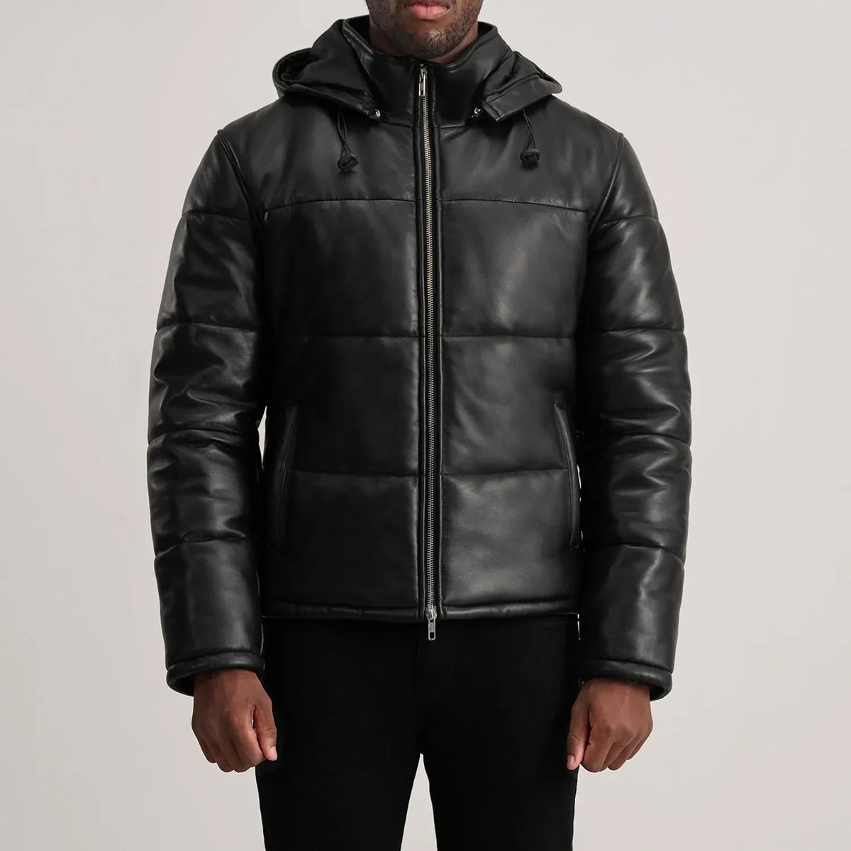 
Detailní pohled of High neck & Zipper Hardware on Gordon Tan Hooded Leather Puffer Jacket