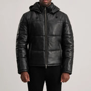 
Detailní pohled of High neck & Zipper Hardware on Gordon Tan Hooded Leather Puffer Jacket