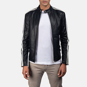
Hank Černá Kožený motorkářský křivák pro Pány in Black & White Cowhide Leather - Přední pohled a přiléhavá silueta | Koupit online