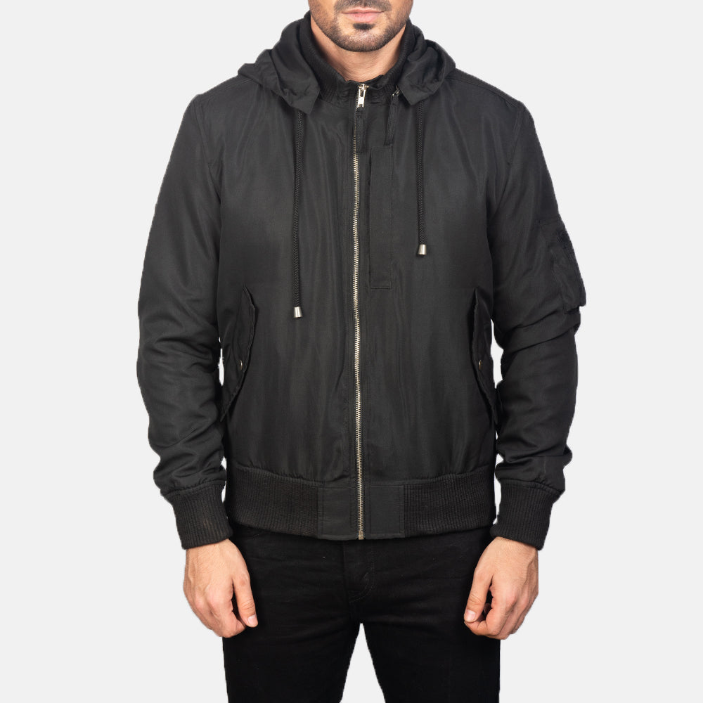
Detailní pohled of Knit Rib with Removable Polyester Hood & Zipper Hardware on Hanklin Ma-1 Black Hooded Bomber Jacket