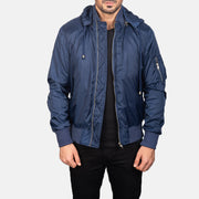 
Blue Hooded Bomber Jacket in Blue Nylon - Přední pohled a přiléhavá silueta | Koupit online