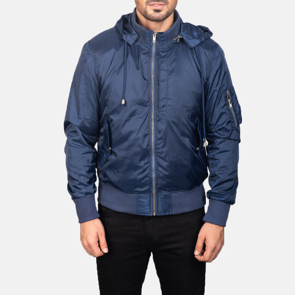 
Detailní pohled of Knit Rib with Removable Nylon Hood & Zipper Hardware on Blue Hooded Bomber Jacket
