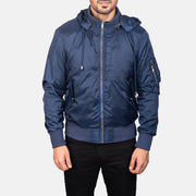 
Detailní pohled of Knit Rib with Removable Nylon Hood & Zipper Hardware on Blue Hooded Bomber Jacket