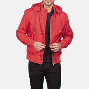 
Hanklin Ma-1 Red Hooded Bomber Jacket in Red Nylon - Přední pohled a přiléhavá silueta | Koupit online