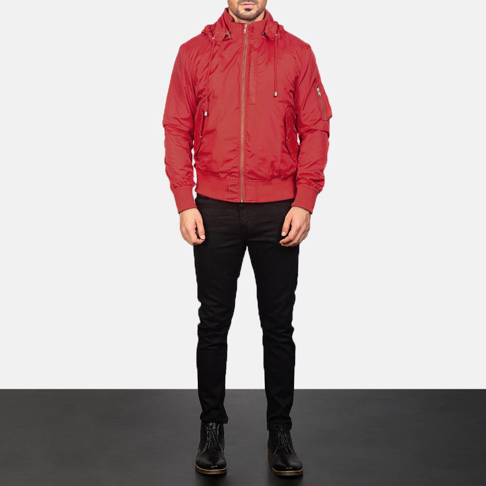 
Hanklin Ma-1 Red Hooded Bomber Jacket - Boční pohled ukazující ergonomický střih rukávů