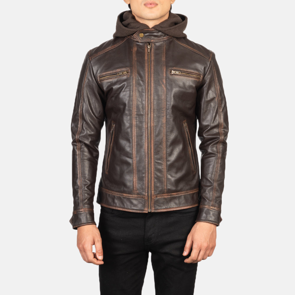 
Detailní pohled of Band with Snap Button & Zipper Hardware on Hector Vintage Hnědá Hooded Kožený motorkářský křivák pro Pány